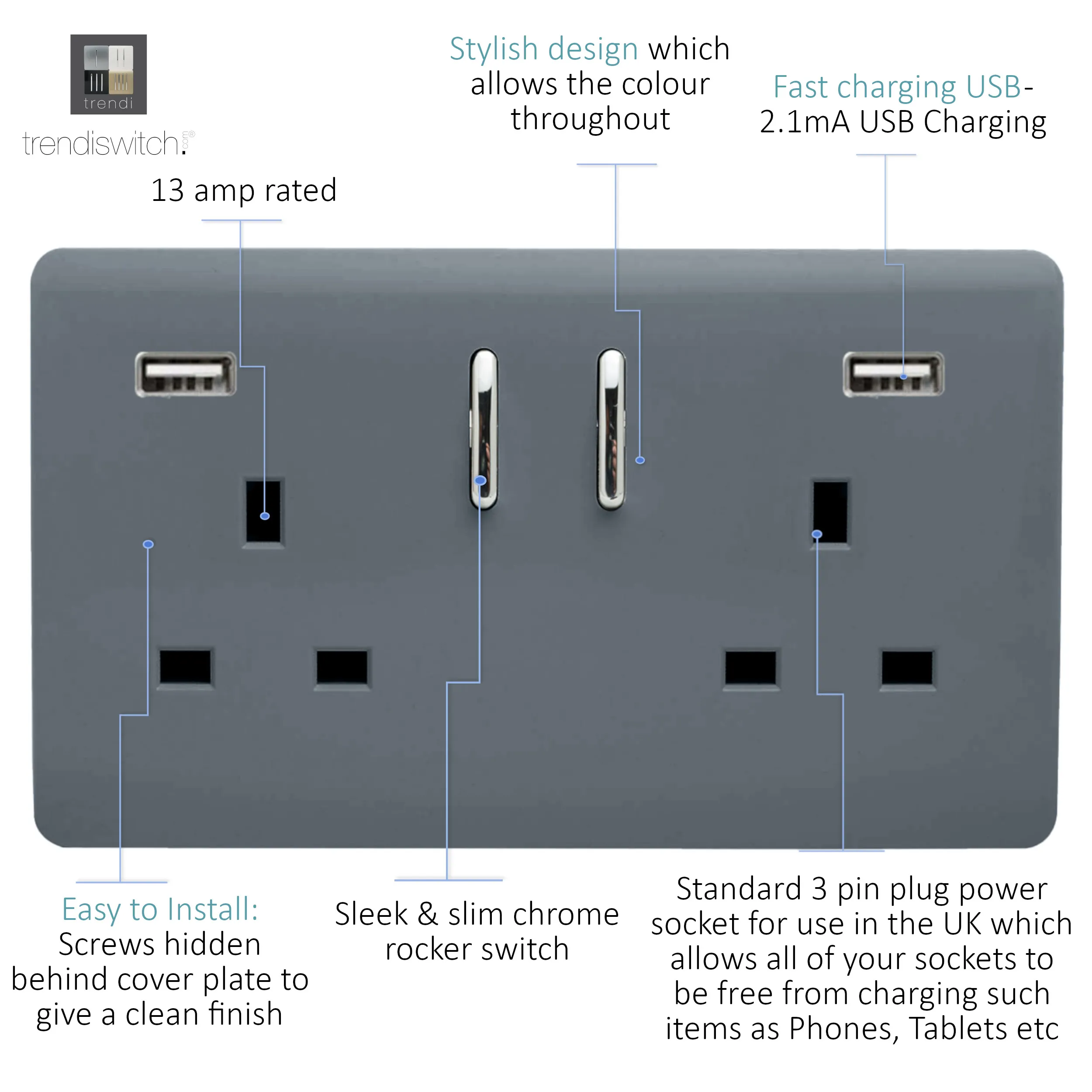 2 Gang 13Amp Short S/W Double Socket With 2x3.1Mah USB Warm Grey ART-SKT213USB31AAWG  Trendi Warm Grey